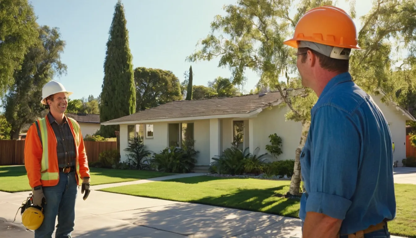 A local tree provider inspecting a large tree beside a stucco home in Santa Cruz
